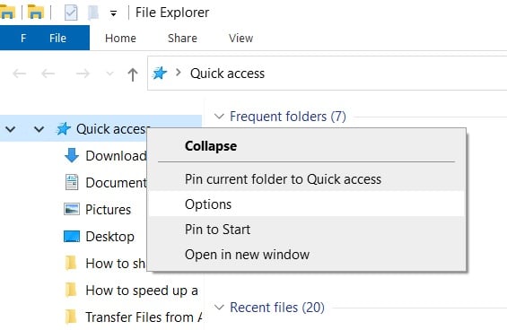 Haga clic con el botón derecho en Acceso rápido y seleccione Opciones |  Arreglar el Explorador de archivos no se abre en Windows 10