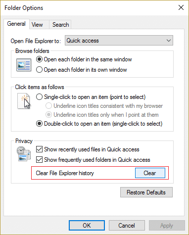 haga clic en el botón Borrar historial del Explorador de archivos para corregir que el Explorador de archivos no se abra en Windows 10