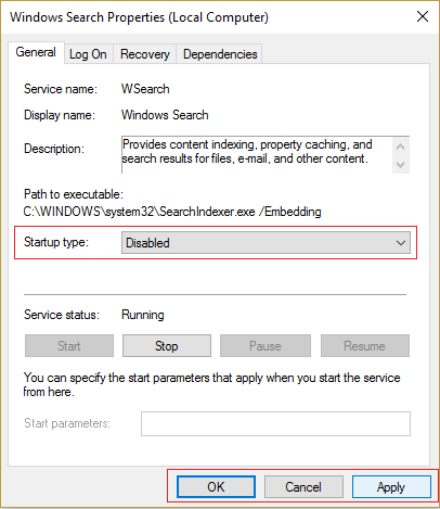 establezca el tipo de inicio en Deshabilitado para el servicio de búsqueda de Windows