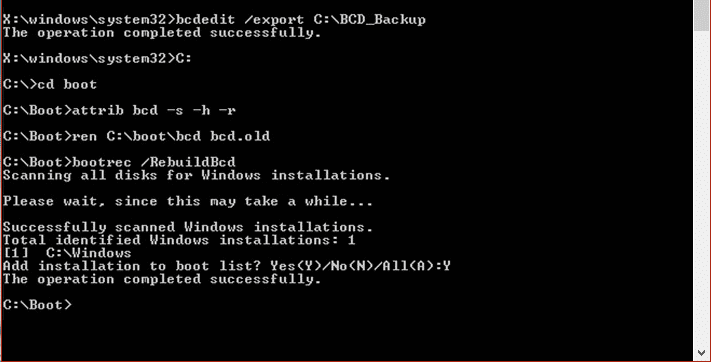 Copia de seguridad de bcdedit y luego reconstruir bcd bootrec / Reparar el código de error 0xc0000225 en Windows 10