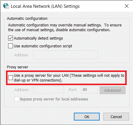 En Servidor proxy, desmarque la casilla junto a Usar un servidor proxy para su LAN