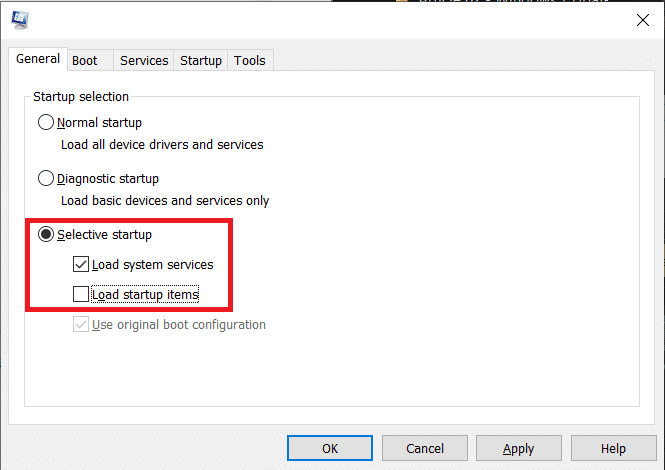 En la pestaña General, habilite el inicio selectivo haciendo clic en el botón de opción junto a él |  Solucionar el error 0X80010108 en Windows 10