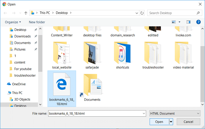 Navegue a la ubicación de su archivo HTML, luego seleccione el archivo y haga clic en Abrir |  Haga una copia de seguridad y restaure sus marcadores en Google Chrome