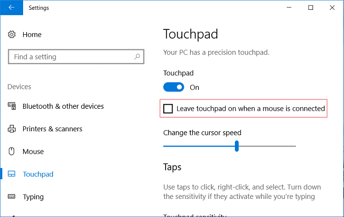 Desmarque Dejar el panel táctil encendido cuando se conecta un mouse
