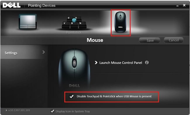 Marca de verificación Deshabilitar panel táctil cuando el mouse USB está presente