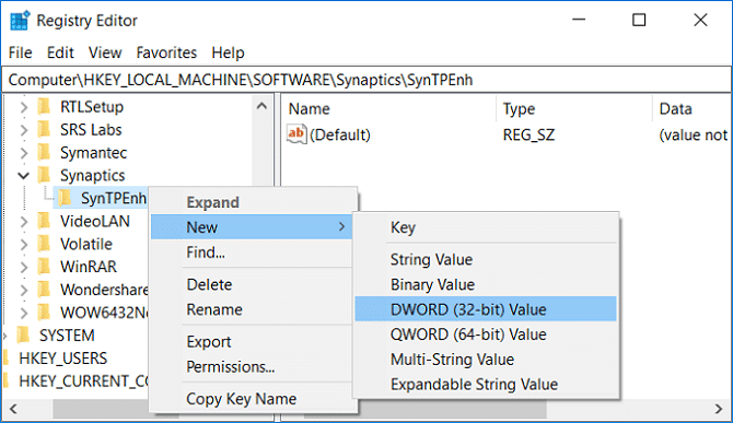 Haga clic derecho en SynTPEnh, luego seleccione Nuevo y luego haga clic en el valor DWORD (32 bits)