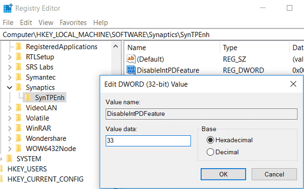 Cambie el valor de DisableIntPDFeature a 33 en Base hexadecimal |  Deshabilitar automáticamente el panel táctil cuando el mouse está conectado