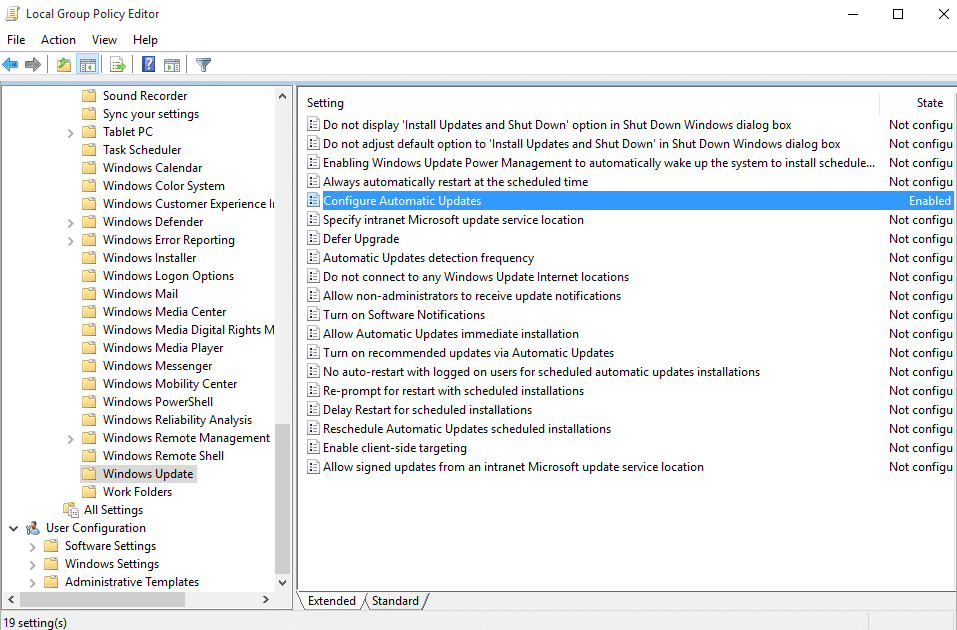 En Windows Update en gpedit.msc, busque Configurar actualizaciones automáticas