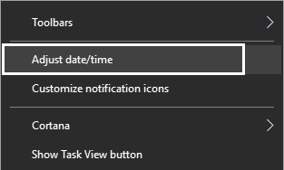 Haga clic derecho en Fecha y hora y luego seleccione Ajustar fecha/hora Haga clic derecho en Fecha y hora y luego seleccione Ajustar fecha/hora