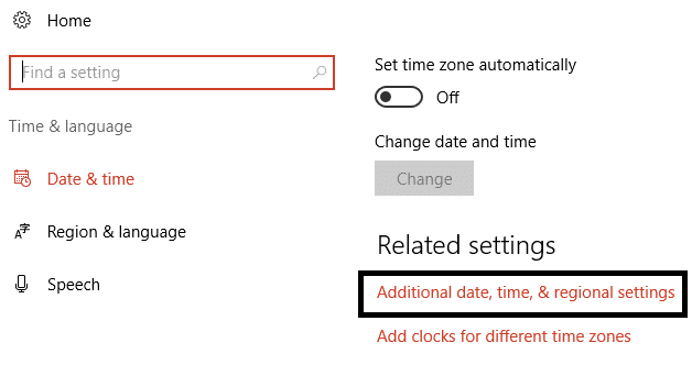 Haga clic en Configuración adicional de fecha, hora y región