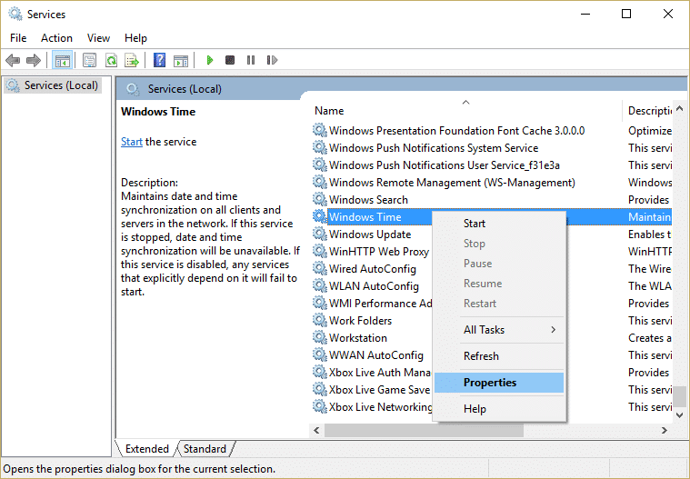haga clic con el botón derecho en el servicio de hora de Windows y seleccione Propiedades