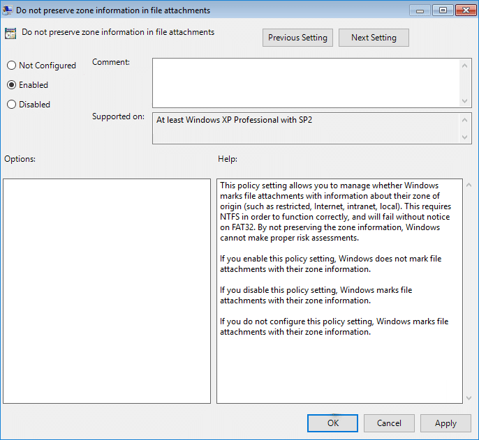 Habilitar No conservar la información de la zona en la política de archivos adjuntos