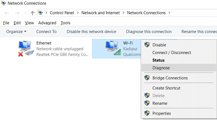 Haga clic derecho en su conexión Wifi y seleccione Diagnosticar