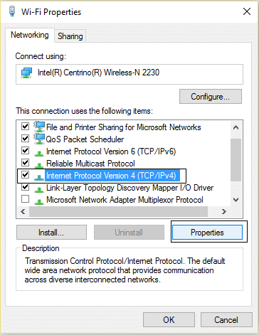 Protocolo de Internet versión 4 TCP IPv4 |  Reparar DHCP no está habilitado para WiFi en Windows 10