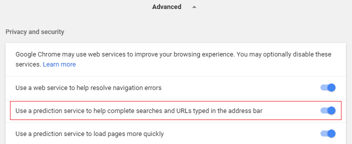 Habilite la opción Usar el servicio de predicción para cargar páginas más rápidamente