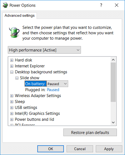 Asegúrese de que la configuración de Presentación de diapositivas esté configurada en pausa tanto para Con batería como Conectado