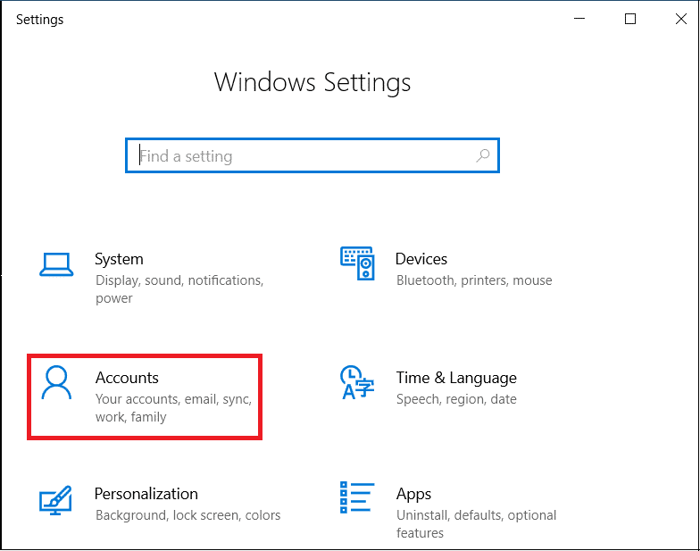 Presione la tecla de Windows + I para abrir la configuración, haga clic en la opción Cuentas.