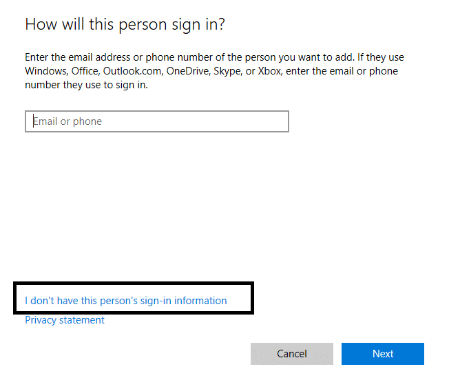 Cuando Windows le indique, haga clic en No tengo la opción de información de inicio de sesión de esta persona