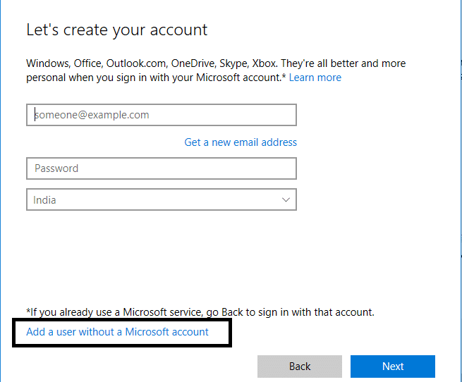 Haga clic en Agregar un usuario sin una cuenta de Microsoft en la parte inferior