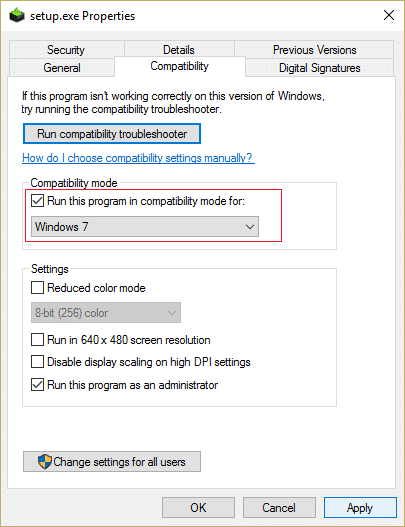 marque ejecutar este programa en modo de compatibilidad para y seleccione Windows 7 u 8