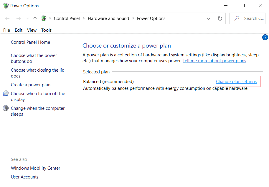 Haga clic en Cambiar la configuración del plan junto a su plan de energía seleccionado