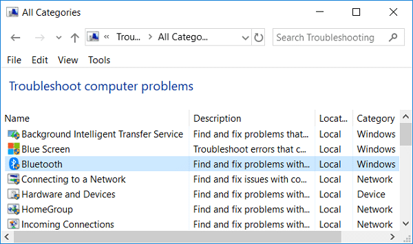 Haga clic en Bluetooth en solucionar problemas de la computadora