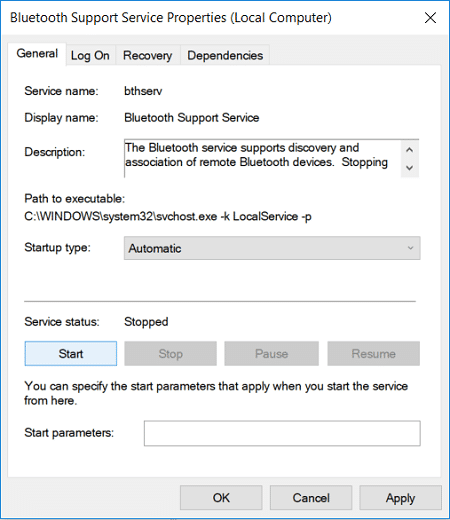 Establezca el Tipo de inicio en Automático para el Servicio de soporte de Bluetooth |  Arreglar Bluetooth no funciona después de Windows 10 Creators Update