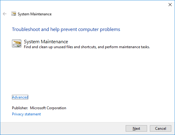 Esto abrirá el Solucionador de problemas de mantenimiento del sistema, haga clic en Siguiente |  Arreglar Desktop Window Manager High CPU (DWM.exe)