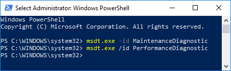 Escriba msdt.exe /id PerformanceDiagnostic en PowerShell