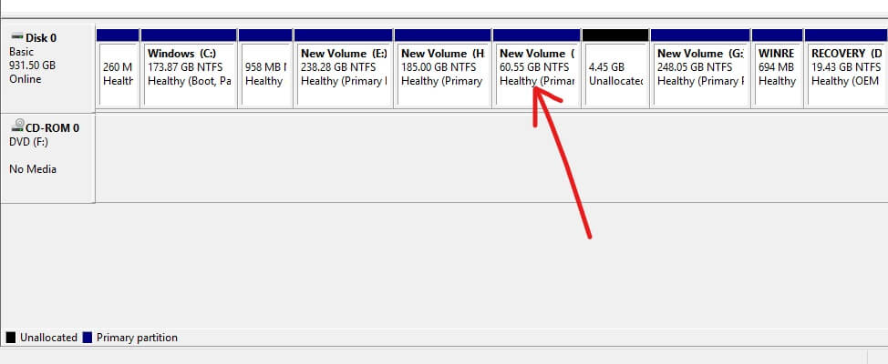 Ahora se creará un nuevo volumen de disco I con memoria de 60,55 GB