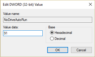 Cambie el valor del campo NoDriveAutoRun a 91, solo asegúrese de que esté seleccionado hexadecimal