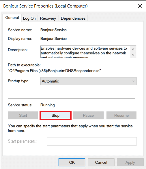 Haga clic en el botón Detener debajo de la etiqueta Estado del servicio |  ¿Qué es el servicio Bonjour en Windows 10?