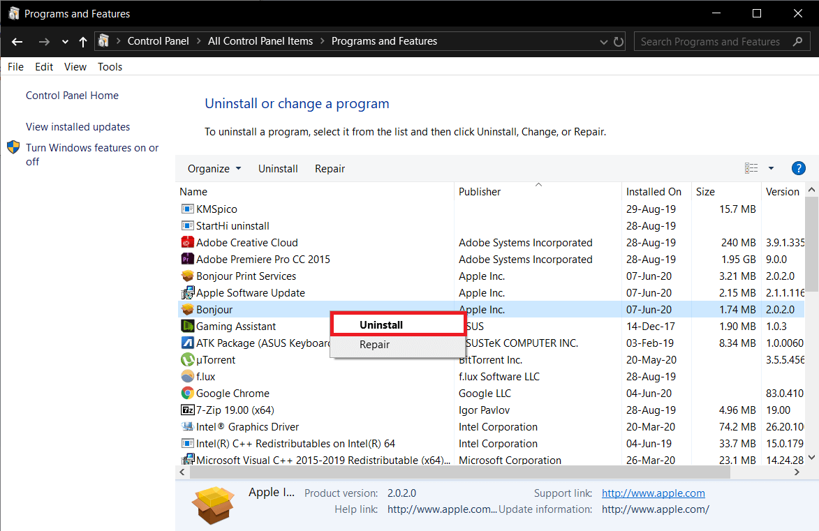 Haga clic derecho en Bonjour y luego seleccione Desinstalar |  ¿Qué es el servicio Bonjour en Windows 10?