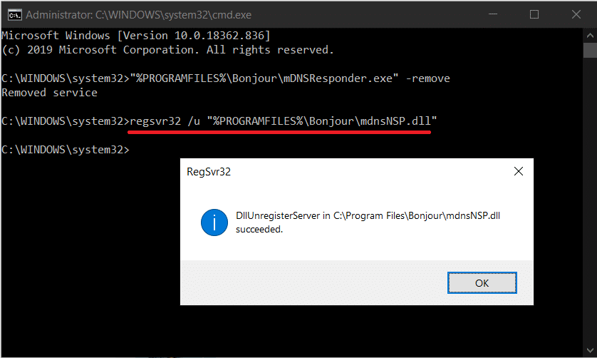 Para anular el registro del archivo mdnsNSP.dll, escriba el comando en el símbolo del sistema