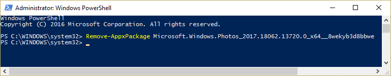 Desinstalar la aplicación Photo usando el comando Powershell