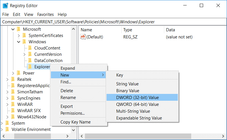 Haga clic derecho en Explorer, luego seleccione Nuevo y luego valor DWORD de 32 bits