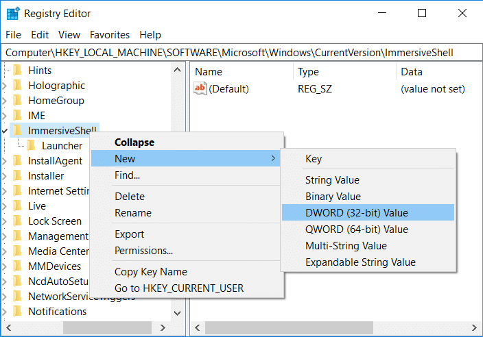 Haga clic con el botón derecho en ImmersiveShell y seleccione Nuevo y luego valor DWORD de 32 bits