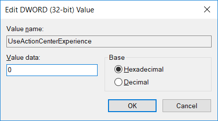 Nombre esta clave como UseActionCenterExperience y establezca su valor en 0