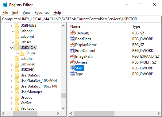 Asegúrese de seleccionar USBSTOR y luego, en el panel derecho de la ventana, haga doble clic en Iniciar DWORD