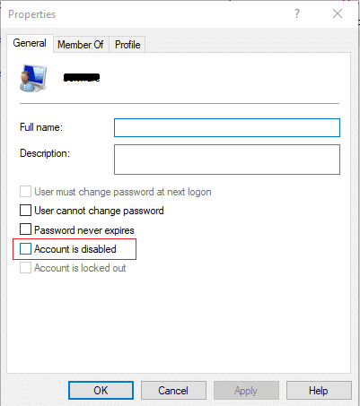Desmarque La cuenta está deshabilitada para habilitar la cuenta de usuario |  Habilitar o deshabilitar cuentas de usuario en Windows 10