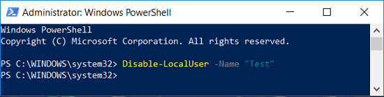 Deshabilitar la cuenta de usuario en PowerShell |  Habilitar o deshabilitar cuentas de usuario en Windows 10