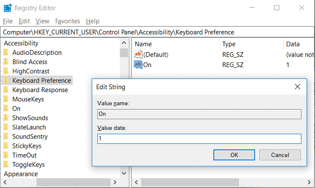 Para habilitar los atajos de teclado de acceso subrayado, haga doble clic en Activado y cambie su valor a 1