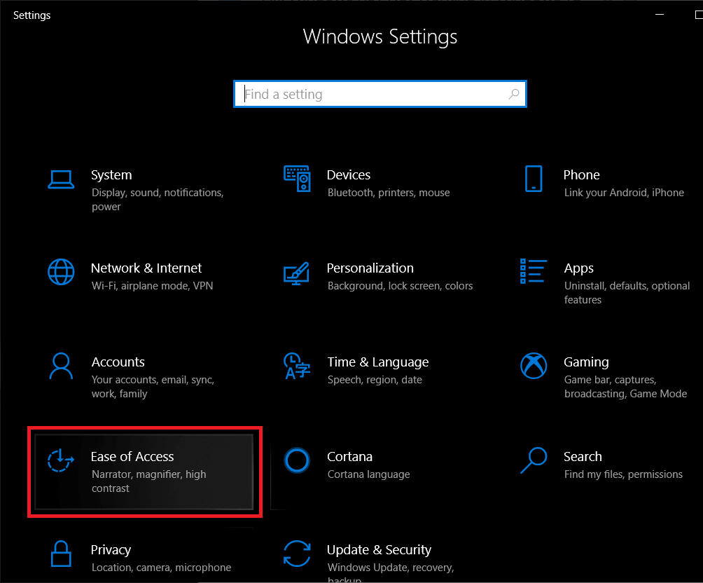 Localice y haga clic en Facilidad de acceso |  Habilitar o deshabilitar filtros de color en Windows 10