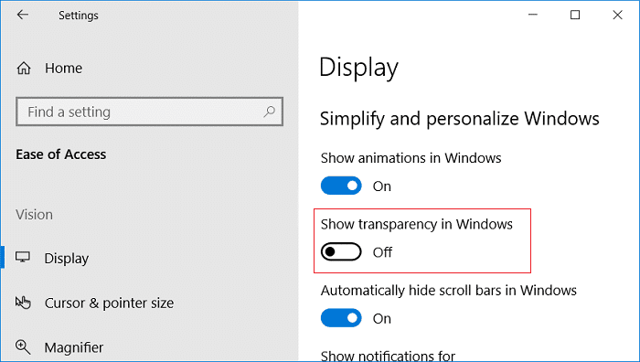 Deshabilite la opción Mostrar transparencia en Windows |  Habilitar o deshabilitar los efectos de transparencia en Windows 10