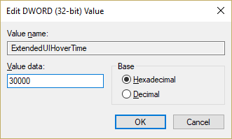 Haga doble clic en ExtendedUIHoverTime y cambie su valor a 30000