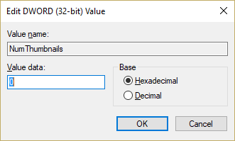 Nombre esta clave como NumThumbnails y haga doble clic en ella para cambiar su valor a 0