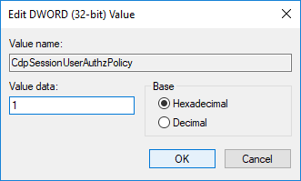 Haga doble clic en CdpSessionUserAuthzPolicy DWORD y luego cambie su valor a 1