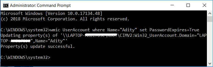 wmic UserAccount donde Name=Username set PasswordExpires=True |  Habilitar o deshabilitar la caducidad de la contraseña en Windows 10