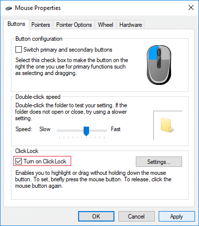 Para habilitar la marca de verificación ClickLock Active ClickLock en la configuración del mouse