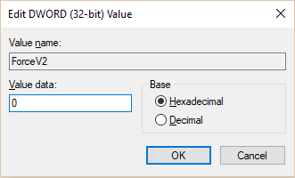 Para habilitar el uso de la consola heredada, cambie el valor de ForceV2 DWORD a 0